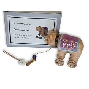 New PHB Porcelain Hinged Trinket Box Teddy on Wheels w/ Rolli Charm 2"